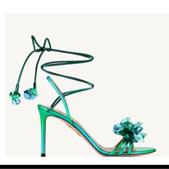 Aquazzura Metallic Green Heels with Floral Detail - Picture 1 of 7